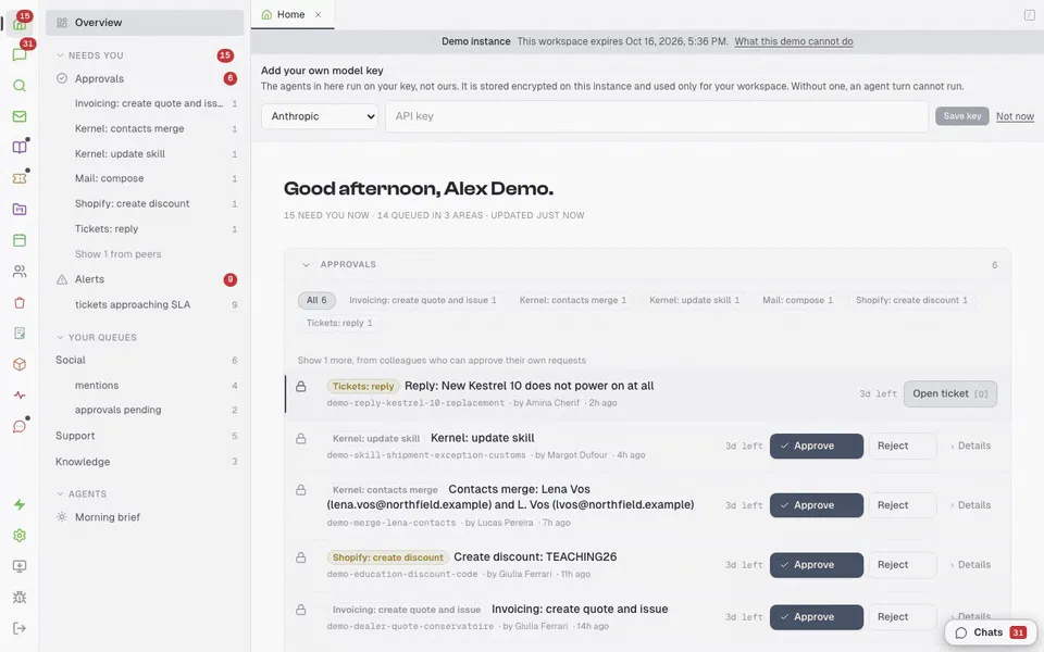 The demo's home screen: a bar asks for your own model key, and the approvals list shows a customer reply, a skill update, a contacts merge, a Shopify discount and an invoice waiting for a decision.