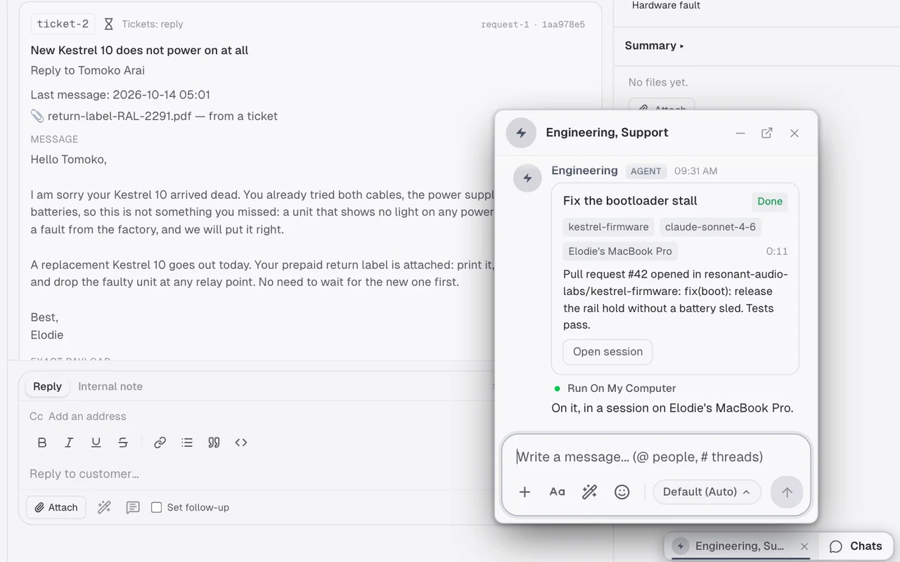 A reply drafted by the Support Desk agent waits for approval on a ticket, next to a chat where the Engineering agent's session on the owner's computer has opened pull request #42.